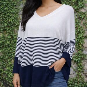 BLOOMCHIC Nautical Navy and White V-Neck Sweater, 22/24